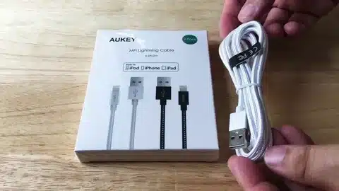 Aukey Lightning cable for iPhone with USB connector and box.