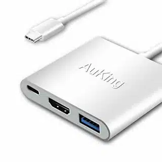 AuKing USB C HDMI adapter with USB and power delivery port.