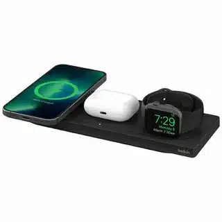 Belkin 3 in 1 wireless charging station for iPhone and Apple devices.