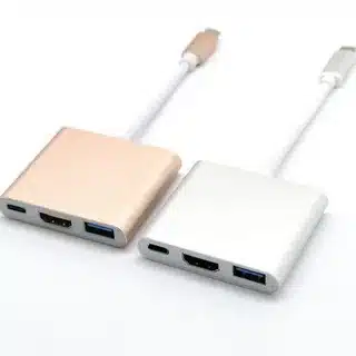 USB C HDMI adapters in different colors with USB ports.