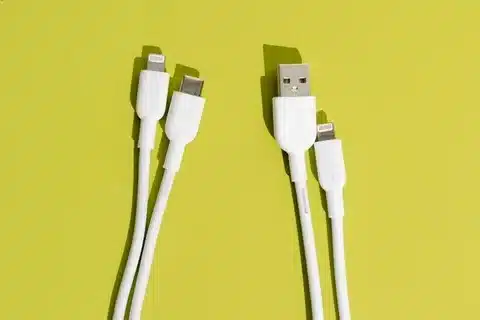 iPhone charging cables with USB-C and USB-A connectors.