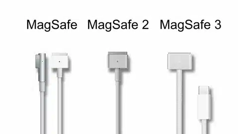 “Lineup of Apple MagSafe 1, MagSafe 2, and MagSafe 3 connectors showing design evolution”