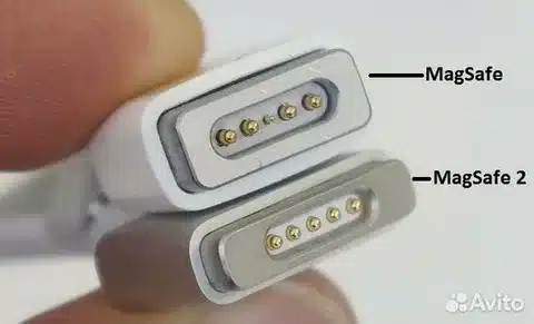 “Side by side comparison of MagSafe and MagSafe 2 connectors showing pin layout differences”