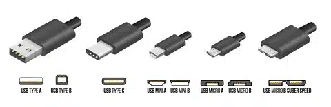“Illustration of different USB connector types including Type-A, Type-C, Mini, and Micro variants”
