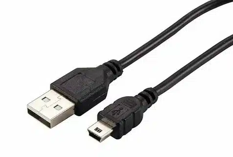 “Black USB cable with Type-A connector and Mini-USB connector.”