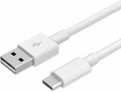 “White USB cable with Type-A connector on one end and Type-C connector on the other.”