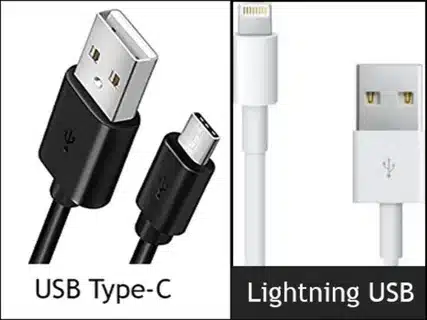 USB C cable compared with Apple Lightning USB for charging devices.