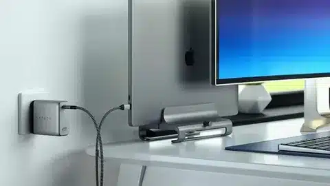 USB C laptop charger connected to desktop workstation.