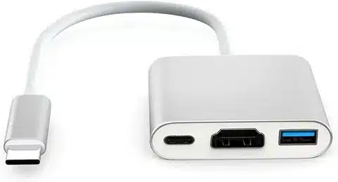 USB C HDMI adapter with HDMI, USB, and Type-C ports.