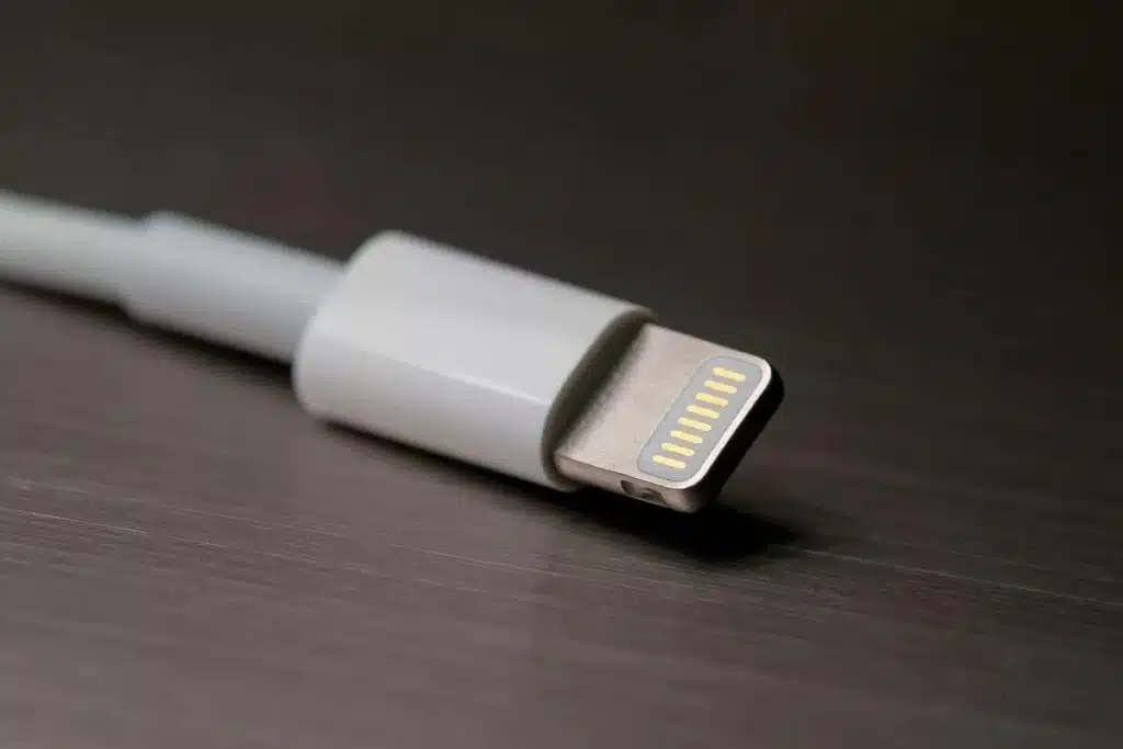 “Apple Lightning connector cable showing gold contacts for charging and data transfer.”