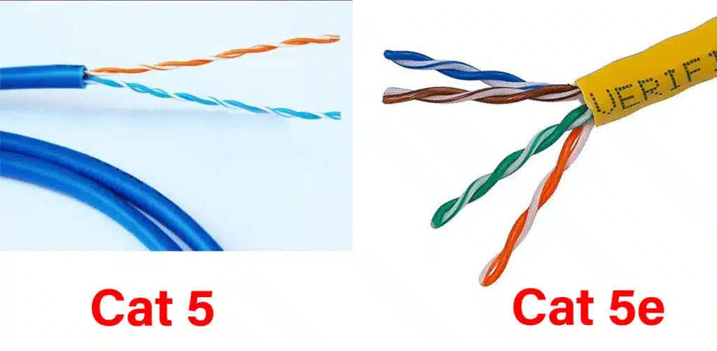 Side-by-side comparison of Cat5 and Cat5e cables showing twisted pair differences