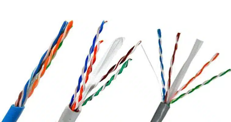 Close-up of Cat5 and Cat6 cables showing twisted pair wiring and spline differences