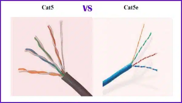 Internal wiring comparison of Cat5 and Cat5e Ethernet cables highlighting conductor thickness and insulation