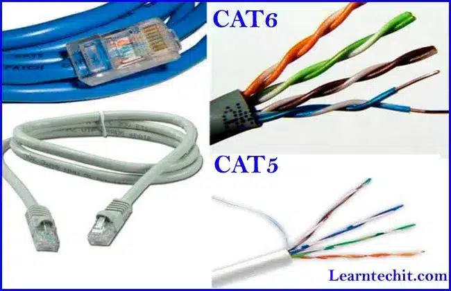 Visual comparison of Cat5 and Cat6 Ethernet cables including connectors and twisted pair design