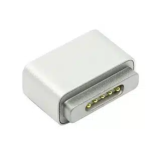 “Closeup of MagSafe 2 adapter piece showing magnetic pins for MacBook charging”