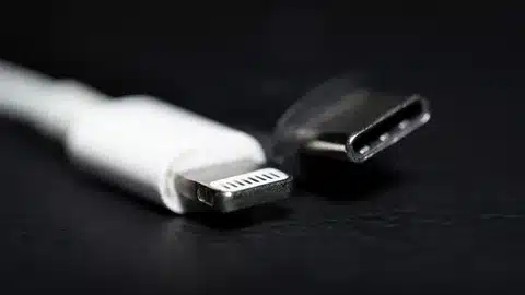 Detailed close-up view of Apple Lightning connector next to USB-C connector.