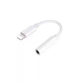 “White Lightning to 3.5mm adapter for headphones and audio devices.”