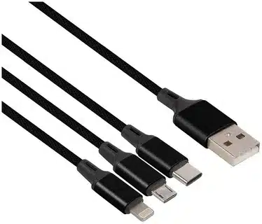 “Black multi-charging cable featuring USB, Lightning, Micro-USB, and Type-C connectors.”