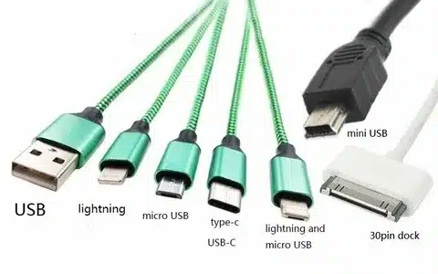 “Collection of charging cables such as USB, Lightning, Micro-USB, Type-C, Mini-USB, and 30-pin dock connector.”