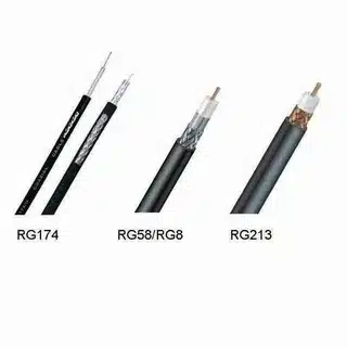Comparison of RG174, RG58, and RG213 coaxial cables with varied conductor thickness and shielding