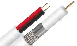 White RG59 coaxial cable showing conductor, insulation, braid, and additional red and black power wires