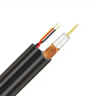 Close-up of RG6 coaxial cable featuring thick copper conductor, dielectric insulation, shielding, and extra power wires