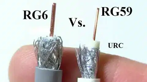 Side-by-side comparison of RG6 and RG59 cables showing thicker RG6 conductor and shielding compared to RG59