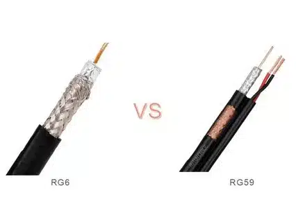 Comparison of RG6 and RG59 coaxial cables showing shielding, conductor size, and insulation thickness