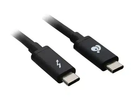 “Black USB-C Thunderbolt cable with lightning bolt logo.”