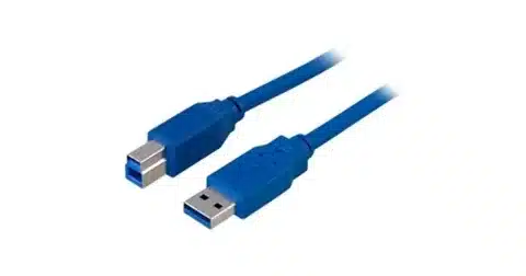 “Blue USB 2.0 cable with Type-A and Type-B connectors for printers and devices.”