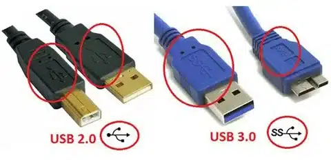 “USB 2.0 cable and USB 3.0 cable comparison highlighting connector differences.”
