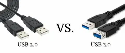 “USB 2.0 cable ends versus USB 3.0 cable ends showing design and color differences.”
