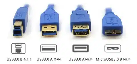 “Illustration of USB 3.0 connector types: Type-B male, Type-A male, and Micro-B male.”