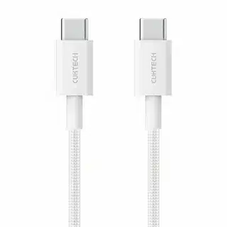 “Durable braided USB-C to USB-C cable in white color.”