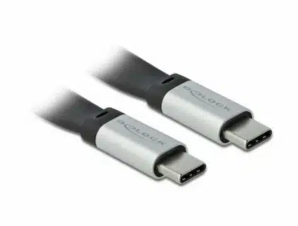 “Close-up of silver USB-C to USB-C cable connectors.”