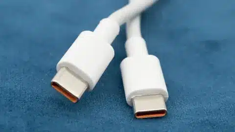 “White USB-C cable with reversible connectors on both ends.”