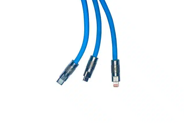 Different blue cables including usb c and lightning connectors