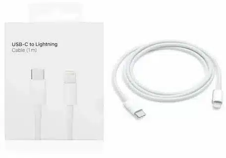 “Apple USB-C to Lightning cable shown with packaging and coiled cord.”