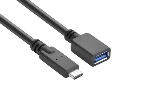 “Black adapter cable with USB-C connector to USB 2.0 female Type-A connector.”
