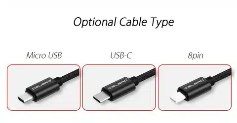 Micro USB, USB C, and 8 pin charging cable types side by side.