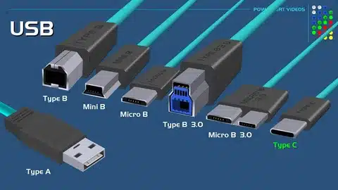 “Graphic illustration of USB connectors such as Type-A, Type-B, Mini-USB, Micro-USB, USB 3.0, and Type-C.”