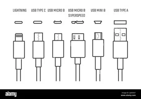 “Illustration of Lightning, USB Type-C, Micro-USB, Mini-USB, and USB Type-A connectors.”