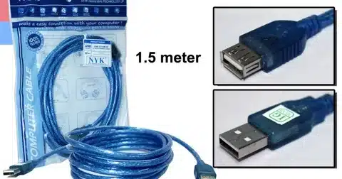 Blue 1.5 meter USB extension cable with male to female connectors shown in packaging and close-up