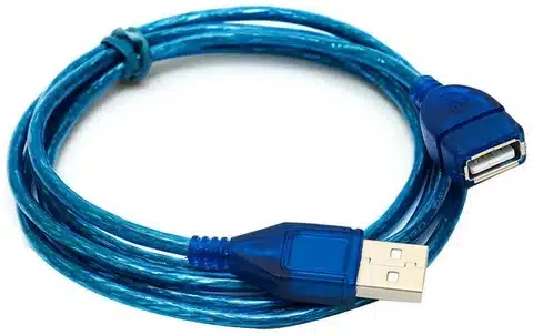 Close-up of a blue USB extension cable featuring male to female connectors, ideal for extending USB device range