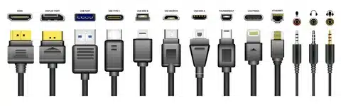 “Illustration of multiple connectors such as HDMI, DisplayPort, USB, Lightning, and headphone jacks.”