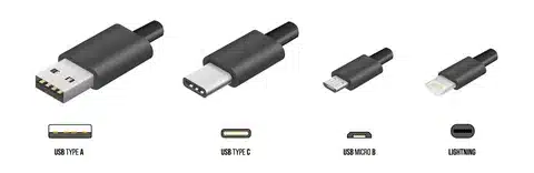 “Illustration of common cable connectors including USB Type-A, USB Type-C, USB Micro-B, and Lightning.”