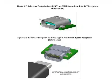 USB Type C mid-mount connector diagram with SMT and hybrid receptacle