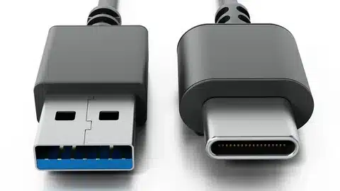 White USB Type-C cable close up showing durable reversible design.
