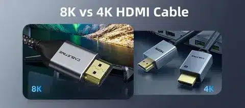 Side by side image showing difference between 4K HDMI cable and 8K HDMI cable