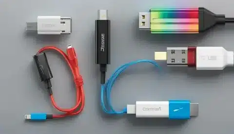 Multiple USB cables in different colors and styles highlighting length and function.